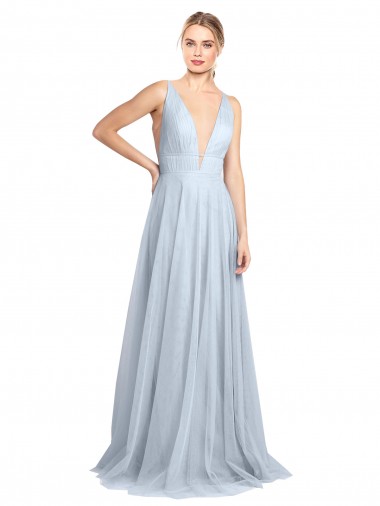 Plunging Deep V-Neck Long Tulle Bridesmaid Dress with V-Back Glasgow
