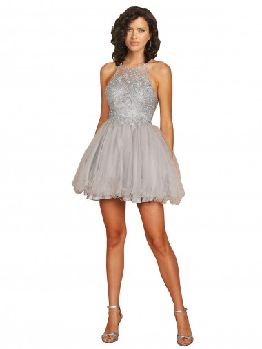 Halter Neckline Criss Cross Back Short Cocktail Dress with Beaded Lace Bodice Glasgow