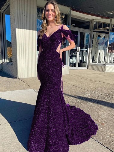 Cold Shoulder Sleeveless Long Court Train Velvet Sequin Prom Dress Glasgow