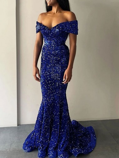 Mermaid Off the Shoulder Sleeveless Long Sweep Train Velvet Sequin Prom Dress Glasgow