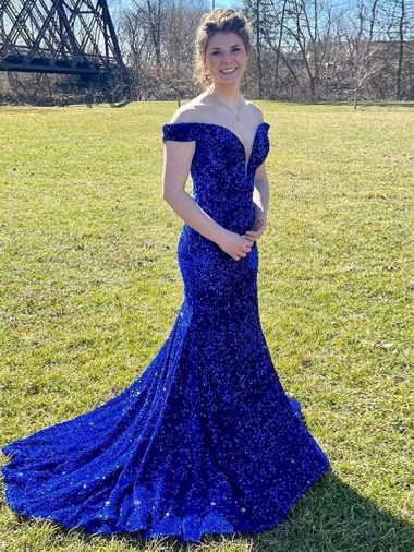 Off the Shoulder Sleeveless Long Sweep Train Velvet Sequin Prom Dress Glasgow