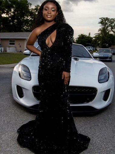 One Shoulder Long Sleeves Long Sweep Train Velvet Sequin Prom Dress Glasgow