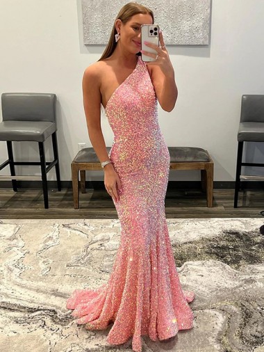 Open Back One Shoulder Sleeveless Long Sweep Train Velvet Sequin Prom Dress Glasgow