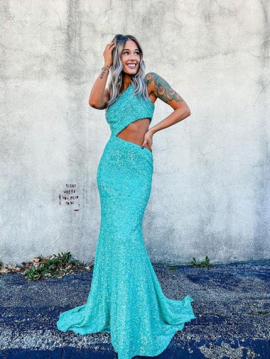 Mermaid One Shoulder Sleeveless Long Sweep Train Velvet Sequin Prom Dress Glasgow