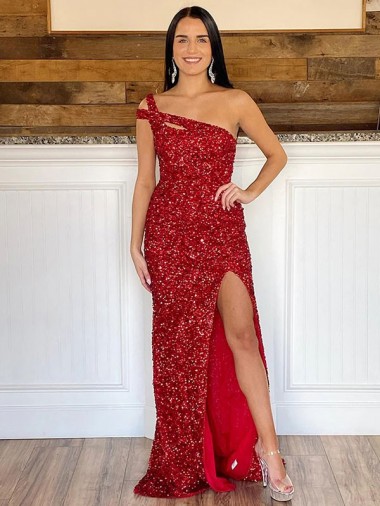 One Shoulder Sleeveless Long Sweep Train Velvet Sequin Prom Dress Glasgow