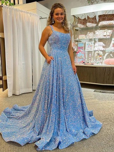 A-Line Scoop Sleeveless Long Court Train Velvet Sequin Prom Dress Glasgow