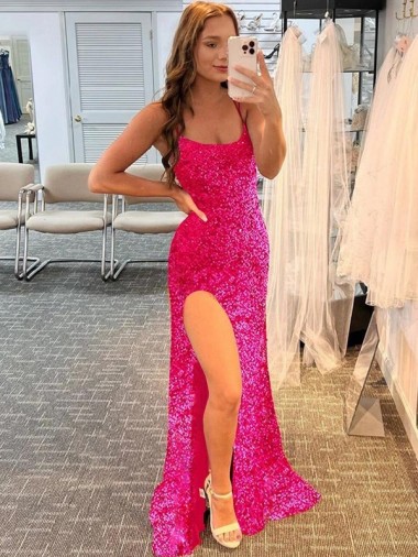 Spaghetti Straps Sleeveless Long Velvet Sequin Prom Dress with Slit and Criss Cross Open Back Glasgow