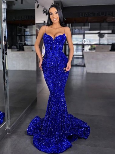 Mermaid Spaghetti Straps Sleeveless Long Sweep Train Velvet Sequin Prom Dress Glasgow