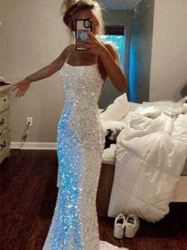 Long Spaghetti Straps Sleeveless Sweep Train Velvet Sequin Prom Dress Glasgow