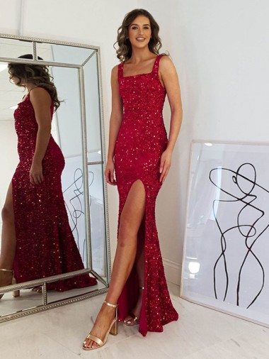 Square Neck Sleeveless Long Velvet Sequin Prom Dress with Slit Glasgow