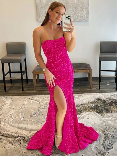 Strapless Sleeveless Long Sweep Train Velvet Sequin Prom Dress with Side Slit Glasgow