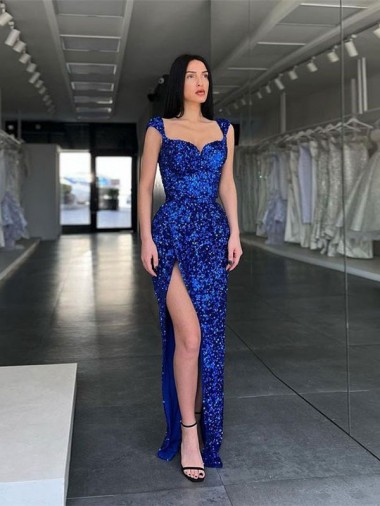 Sleeveless Long Sweep Train Velvet Sequin Prom Dress with High Slit and Straps Glasgow