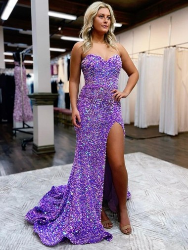 A-Line Sweetheart Sleeveless Long Velvet Sequin Prom Dress with Slit Glasgow