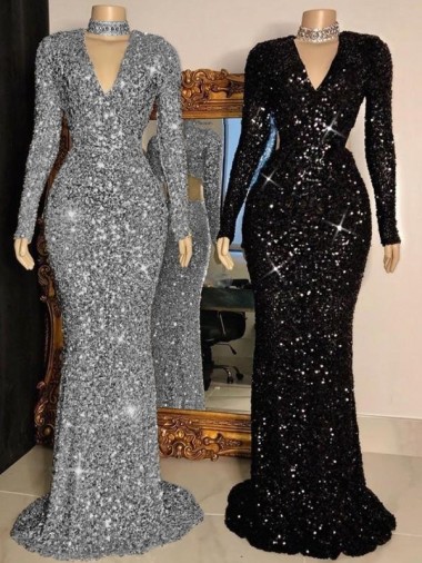 V-Neck Long Sleeves Long Sweep Train Velvet Sequin Prom Dress Glasgow
