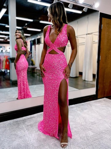 Long V-Neck Sleeveless Sweep Train Velvet Sequin Prom Dress with High Slit Glasgow