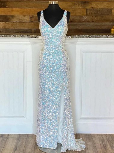 V-Neck Sleeveless Long Sweep Train Velvet Sequin Prom Dress Glasgow