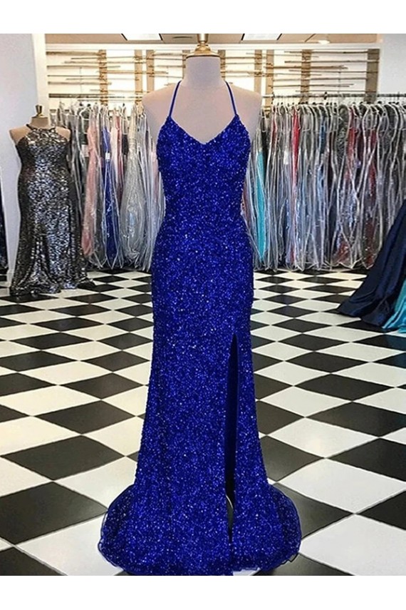 V-Neck Sleeveless Long Velvet Sequin Prom Dress