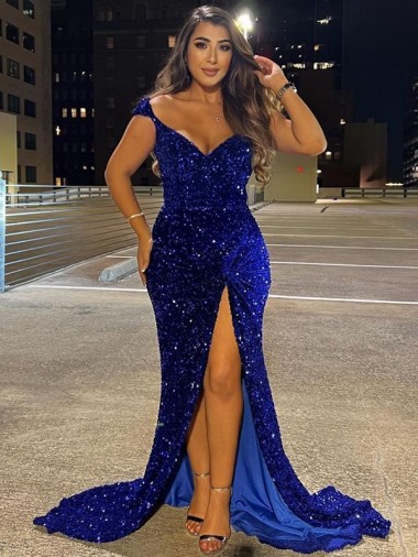 V-Neck Sleeveless Long Sweep Train Velvet Sequin Prom Dress with Slit Glasgow