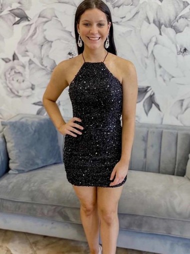 Halter Sleeveless Short Velvet Sequin Homecoming Dress / Prom Dress Glasgow