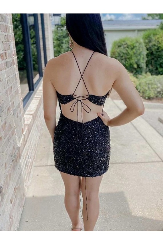 Halter Sleeveless Short Velvet Sequin Homecoming Dress / Prom Dress