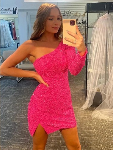 Short Velvet Sequin One Shoulder Long Sleeves Homecoming Dress / Prom Dress Glasgow