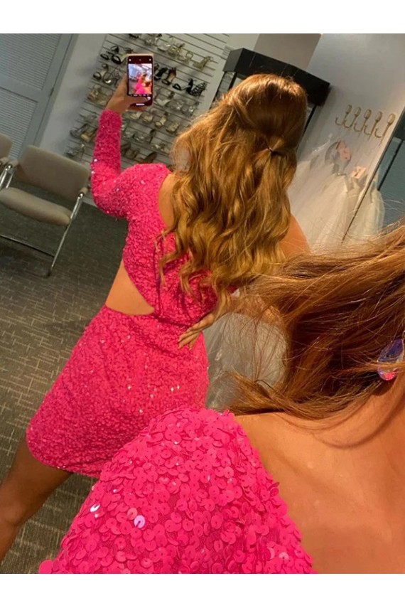 One Shoulder Long Sleeves Short Velvet Sequin Homecoming Dress / Prom Dress