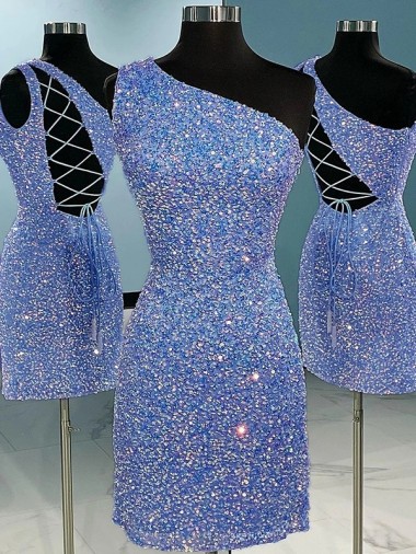 Short Velvet Sequin One Shoulder Sleeveless Homecoming Dress / Prom Dress Glasgow