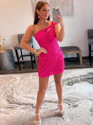 Velvet Sequin One Shoulder Sleeveless Short Homecoming Dress / Prom Dress Glasgow