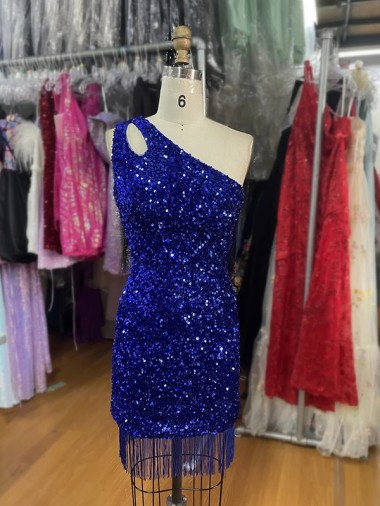 One Shoulder Keyhole Sleeveless Short Velvet Sequin Homecoming Dress / Prom Dress Glasgow