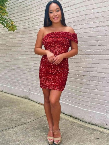 Short One Shoulder Sleeveless Velvet Sequin Cocktail Homecoming Dress / Prom Dress Glasgow