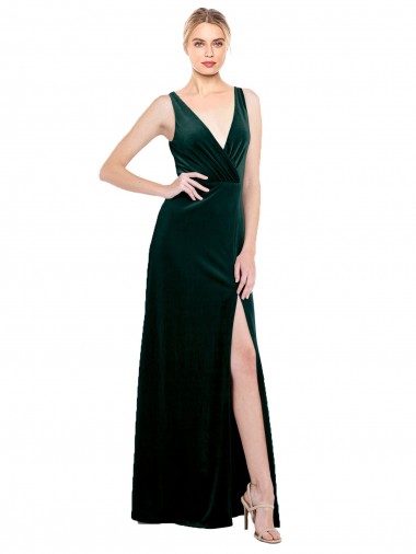 Sleek V-Neck Long Formal Velvet Bridesmaid Dress / Prom Dress with Side Slit Glasgow