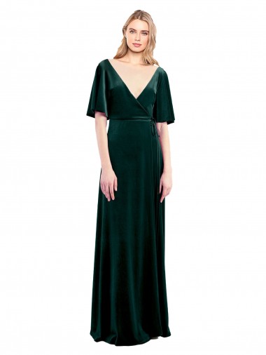 Deep V-Neck Flutter Sleeves Long Velvet Wrap Bridesmaid Dress / Prom Dress Glasgow