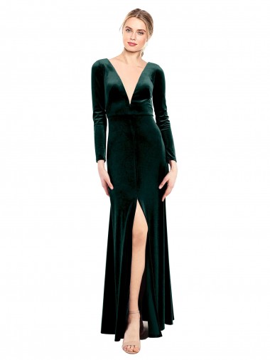 Plunging V-Neckline Long Sleeves Open Back Velvet Bridesmaid Dress / Prom Dress Glasgow