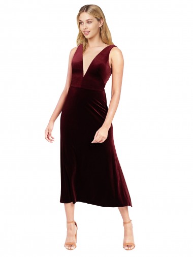 Daring Plunging V-Neckline Short Midi Cocktail Length Velvet Bridesmaid Dress / Prom Dress Glasgow