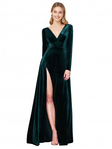 Deep V-Neck Long Sleeves Formal Velvet Bridesmaid Dress / Prom Dress with High Side Split Glasgow