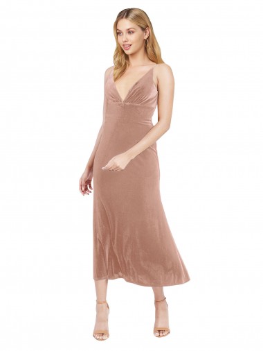Midi Cocktail Length Short V-Neck Velvet Bridesmaid Dress / Prom Dress with Notched Neckline Glasgow