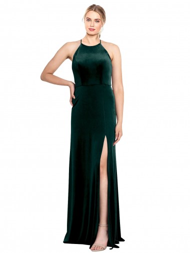 Long Jewel Neck Full Length Velvet Bridesmaid Dress / Prom Dress with Side Slit Glasgow