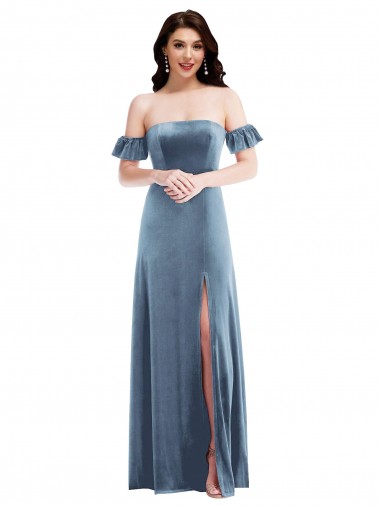 Ruffle Sleeve Off the Shoulder Velvet Maxi Bridesmaid Dress / Prom Dress Glasgow
