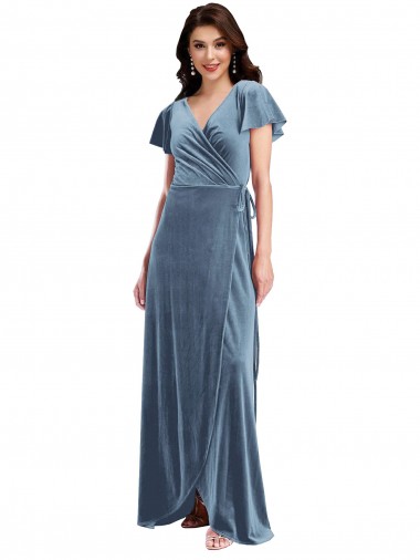 Flutter Sleeve Velvet Wrap Maxi Bridesmaid Dress / Prom Dress with Pockets Glasgow