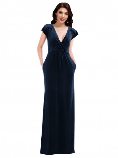 Flutter Sleeve Wrap Bodice Formal Velvet Maxi Bridesmaid Dress / Prom Dress with Pockets Glasgow