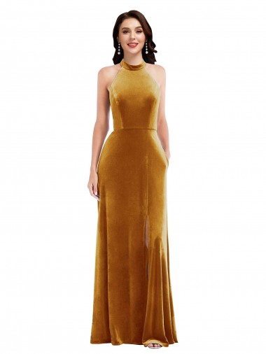 High-Neck Halter Velvet Maxi Bridesmaid Dress / Prom Dress with Front Slit Glasgow