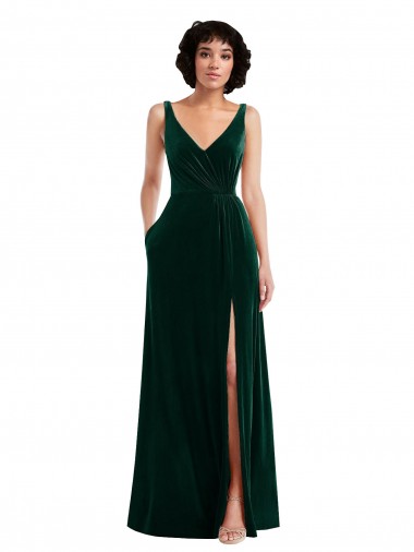 Floor Length Velvet Maxi Bridesmaid Dress / Prom Dress with Shirred Bodice and Front Slit Glasgow