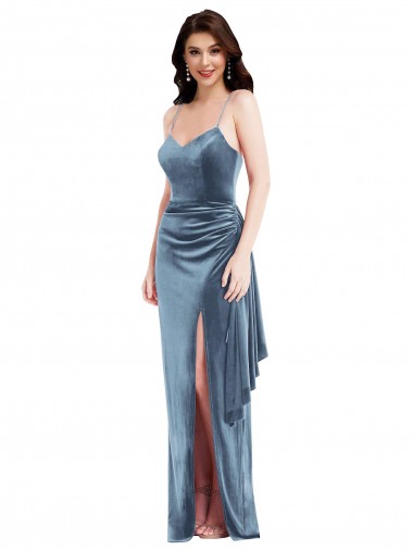 Spaghetti Strap Formal Velvet Maxi Bridesmaid Dress / Prom Dress with Draped Skirt Glasgow