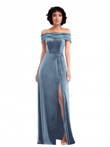 Draped Cuff Off the Shoulder Velvet Maxi Bridesmaid Dress / Prom Dress with Pockets Glasgow