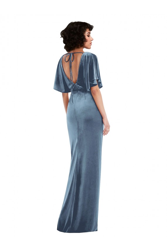 Flutter Sleeve Open Back Velvet Maxi Bridesmaid Dress / Prom Dress with Draped Wrap Skirt