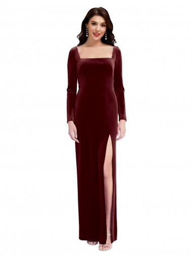 Sleek Square Neck Spaghetti Straps Velvet Bridesmaid Dress / Prom Dress with Side Slit Glasgow