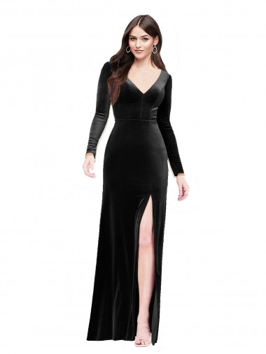 Long Sleeves Formal Velvet Bridesmaid Dress / Prom Dress with V-Neckline and Thigh Slit Glasgow