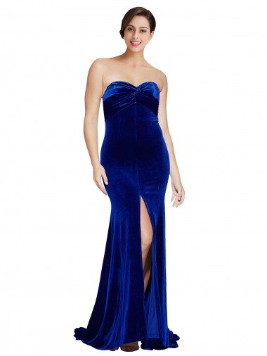 Strapless Ruched Formal Velvet Bridesmaid Dress / Prom Dress with Sweep Train and Front Slit Glasgow