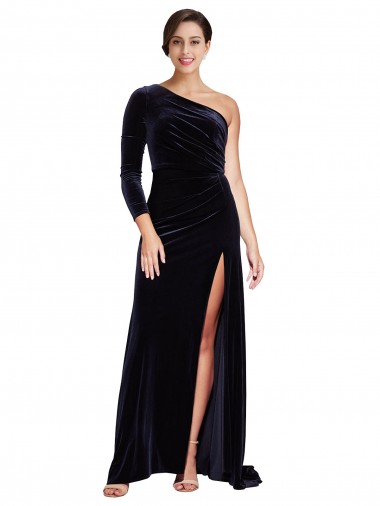One Sleeve Long Formal Velvet Bridesmaid Dress / Prom Dress with Thigh High Split Glasgow