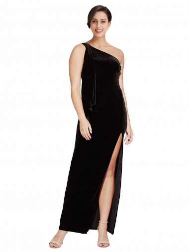 One Shoulder Long Formal Velvet Bridesmaid Dress / Prom Dress with Side Split and Shoulder Tie Glasgow